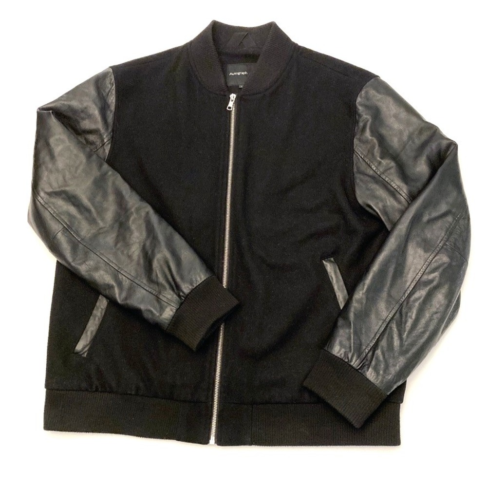 Marks & Spencer Autograph Leather Sleeve Wool Letterman Bomber Jacket Mens Large